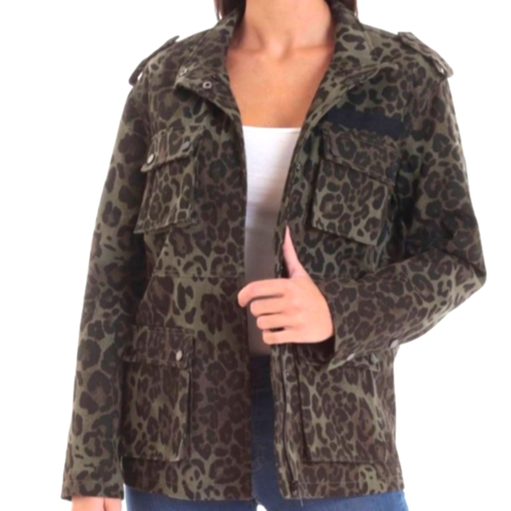 Avec Les Filles Leopard Camo Print Denim Utility Jacket Women's Size Small NWT